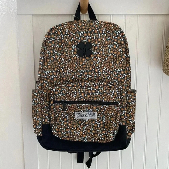 LUCKY BRAND Floral Daisy Print Black Canvas Backpack Back To School BAG NEW! - Picture 1 of 10